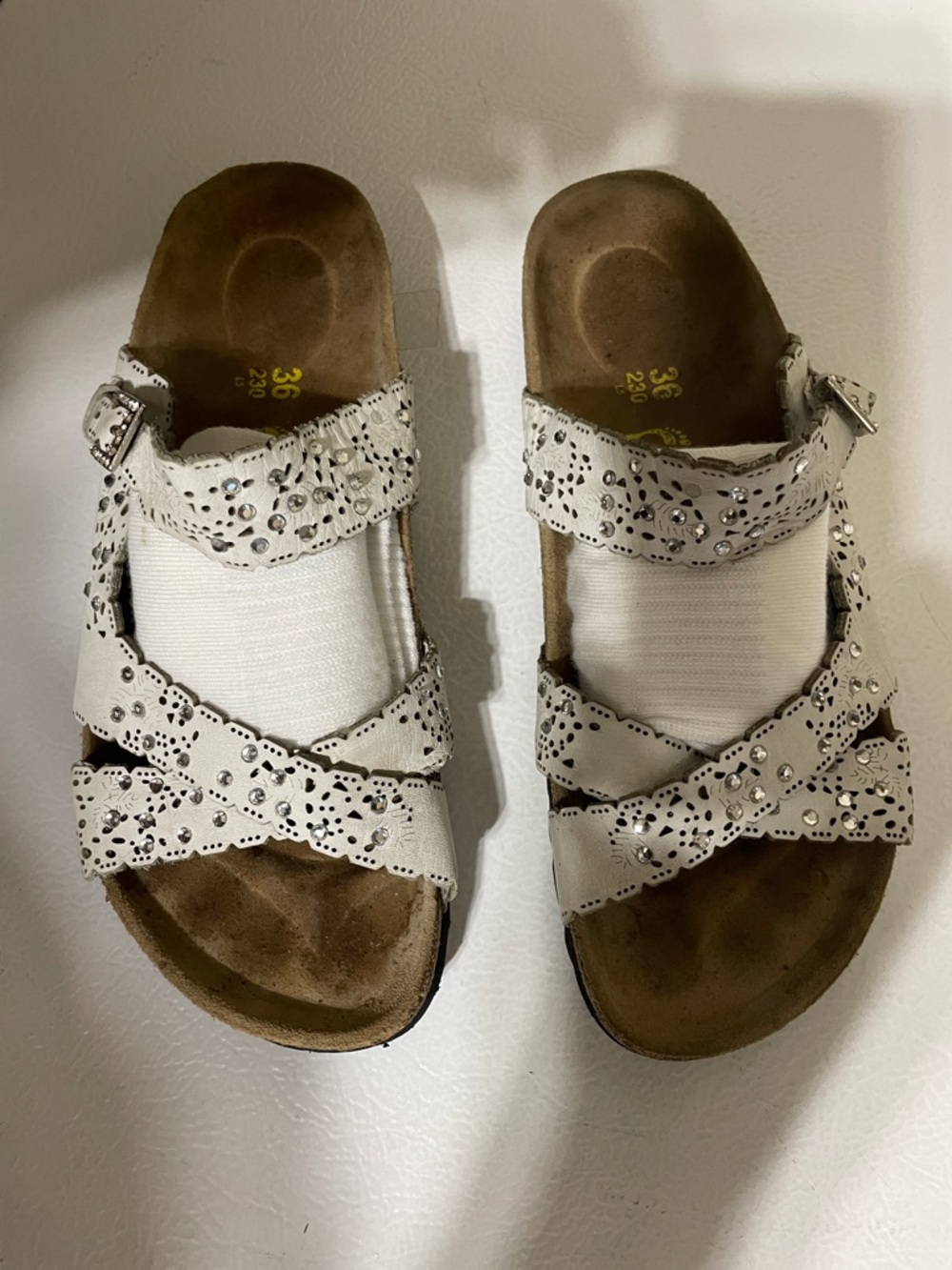 Birkenstock Footbed Tatima Women's White Slip In Sandals With Rhinestones Trim.